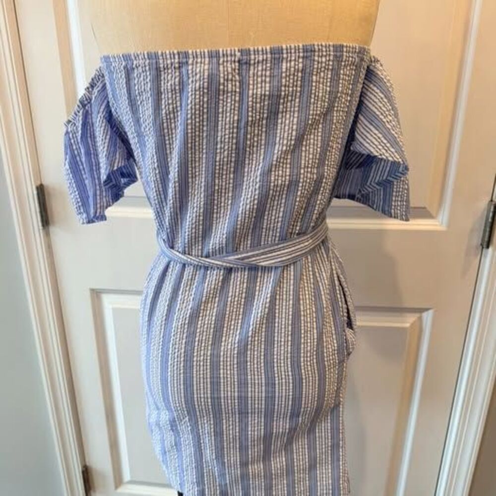 Off Shoulder Striped Mini Dress XS Blue Tie Waist Summer Beach Casual - Picture 5 of 8